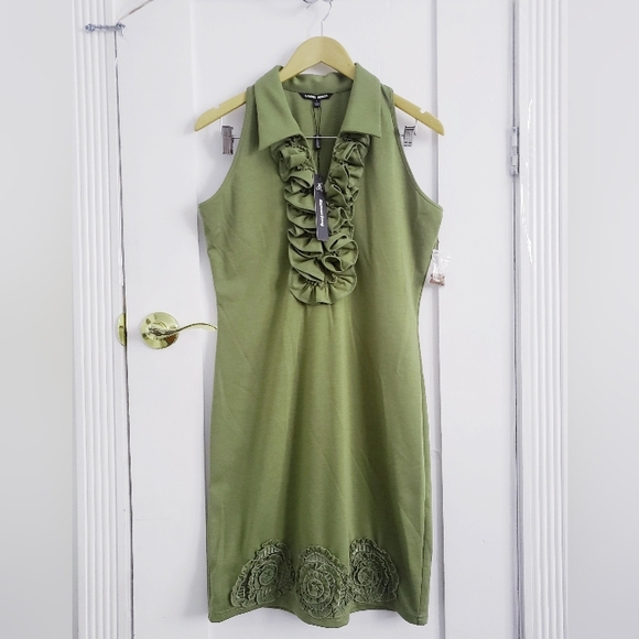 New Party Mini Dress - Green Sleeveless Ruffle Rosette |  Samuel Dong - Picture 2 of 6